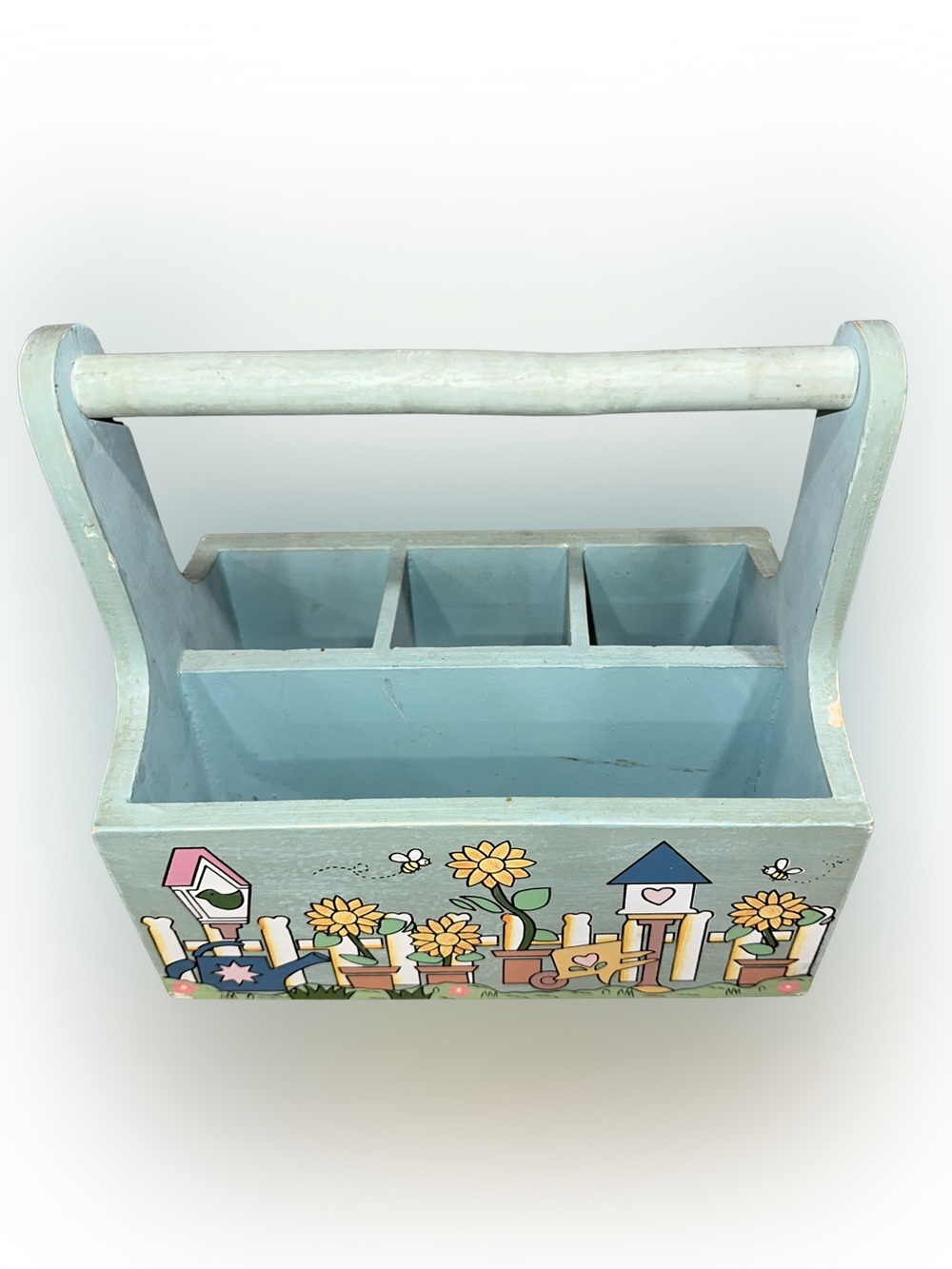 Vintage Wooden Caddy Carry All Garden Tools Utensil Holder Painted Bird Houses - Picture 2 of 8